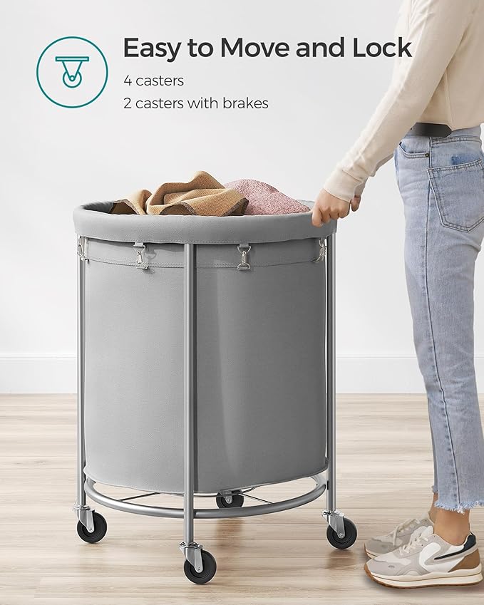 SONGMICS 50.2-Gallon (190 L) Laundry Basket with Wheels, Rolling Round Heavy-Duty Laundry Hamper Cart with Steel Frame and Removable Bag, 2 Locking Wheels, Gray and Metallic Silver URLS001G01