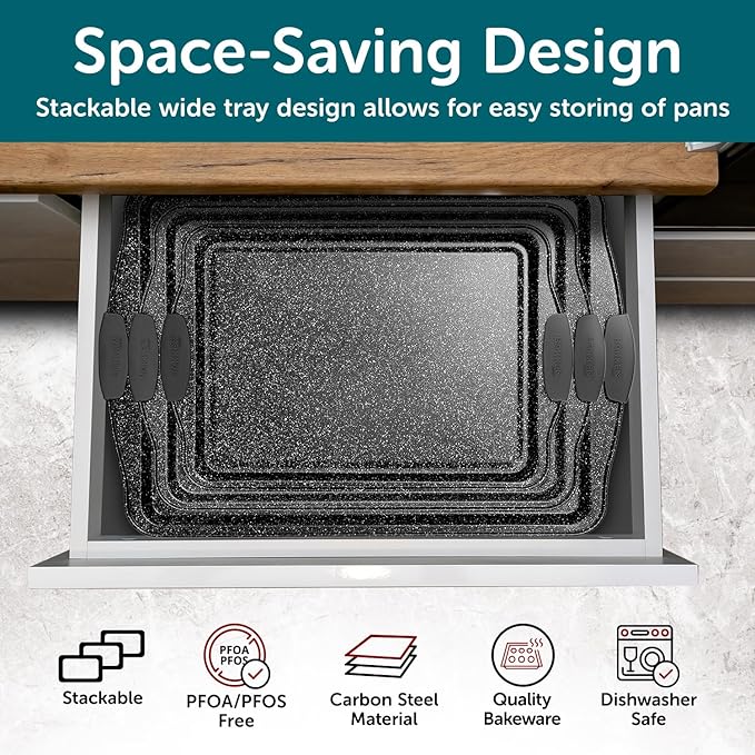 BAKKEN Kitchen Baking Pans - Medium (15.15 × 10.03") and Large (17.1 x 11.8") Nonstick Sheets, Carbon Steel Cookie Sheets with Red Silicone Handles, PFOA, PFOS, PTFE Free, Oven Safe (450°F), Set of 2