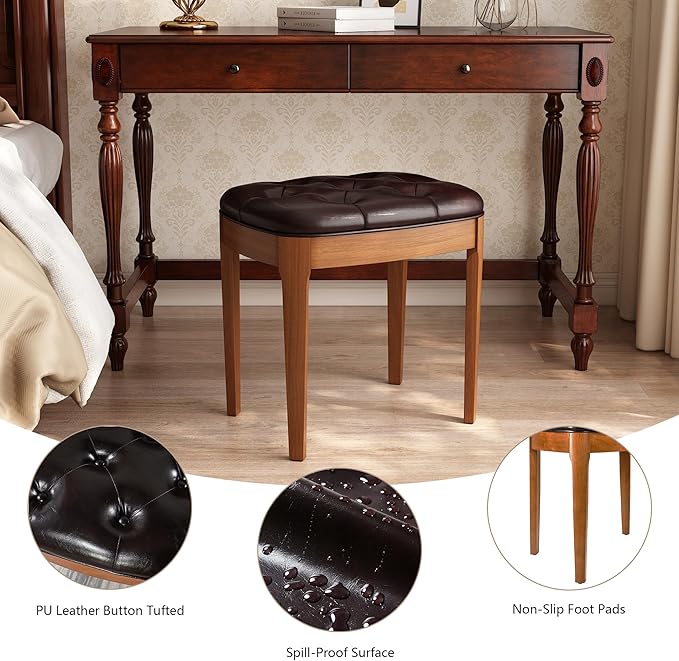 Solid Wood Button Tufted Vanity Stool, Ottoman Stool with Wood Legs & Padded Seat PU Leather Upholstered Piano Bench with Non-Slip Foot Pads Accent Chair for Bedroom Entryway, Dark Brown