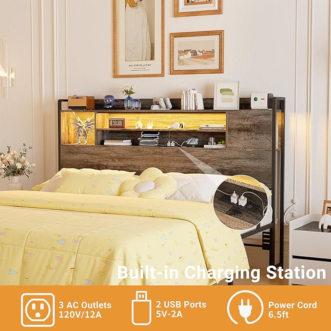 Unikito Headboard for Queen Size Bed, Bookcase Style Head Board with Power Outlet and RGB LED Light, Reversible Headboard with Storage, Height Adjustable, Sturdy and Stable, Queen Size, Black Oak