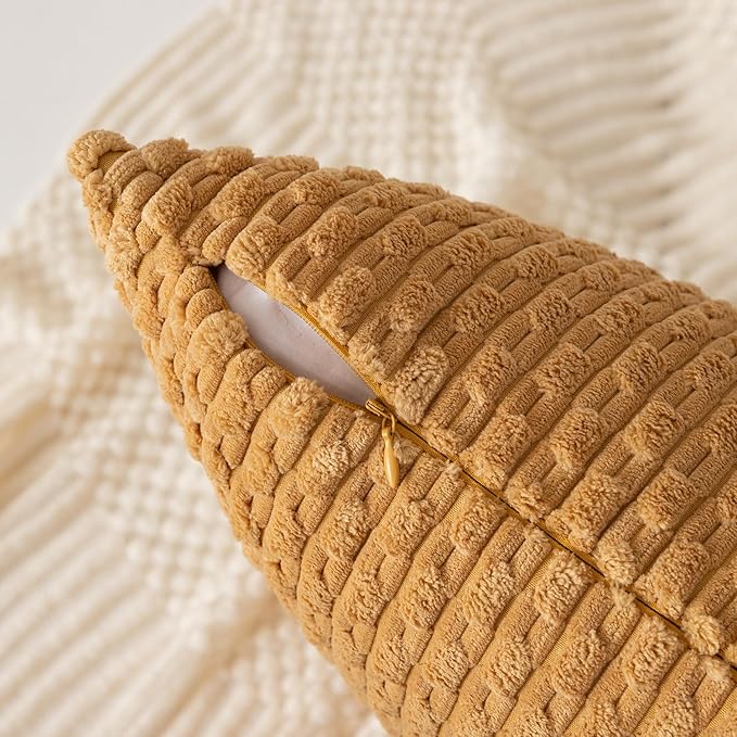 Kevin Textile Throw Pillow Covers Soft Corduroy Decorative Set of 2 Boho Striped Pillow Covers Pillowcases Farmhouse Home Decor for Couch Bed Sofa Living Room 12x20 Inch Gold