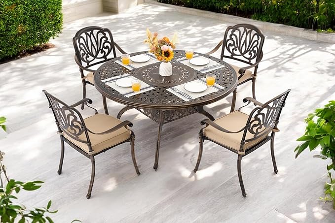 5 Piece Outdoor Dining Set Cast Aluminum, Retro Patio Dining Furniture Set for 4 Includes 54’’ Round Table 4 Chairs with Thicker Cushion and Umbrella Hole for Patio Deck Garden