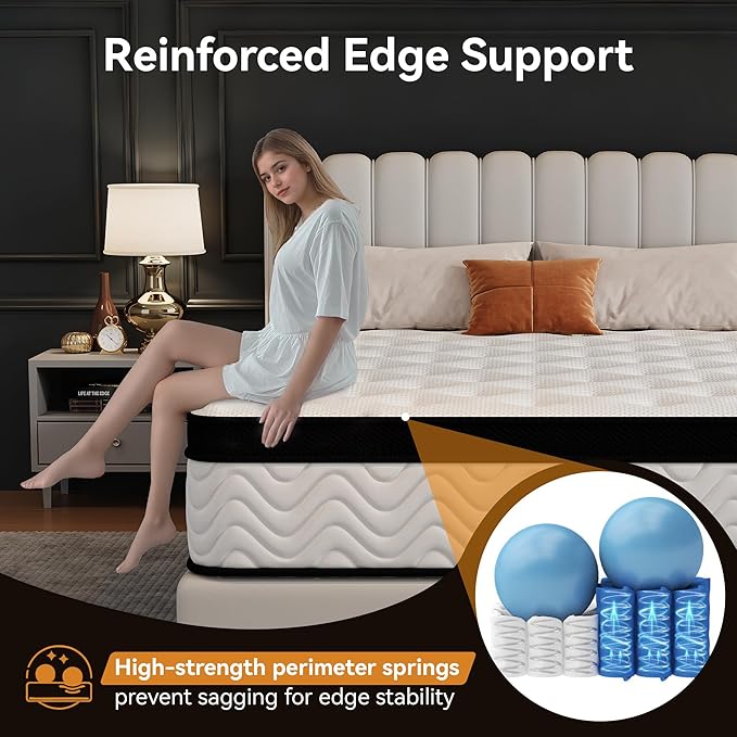 Queen Size 12 Inch Hybrid Mattress with Individually Wrapped Coils and Cooling Memory Foam, Medium Firm Support with Motion Isolation & Edge Support, CertiPUR-US Certified, Mattress in a Box