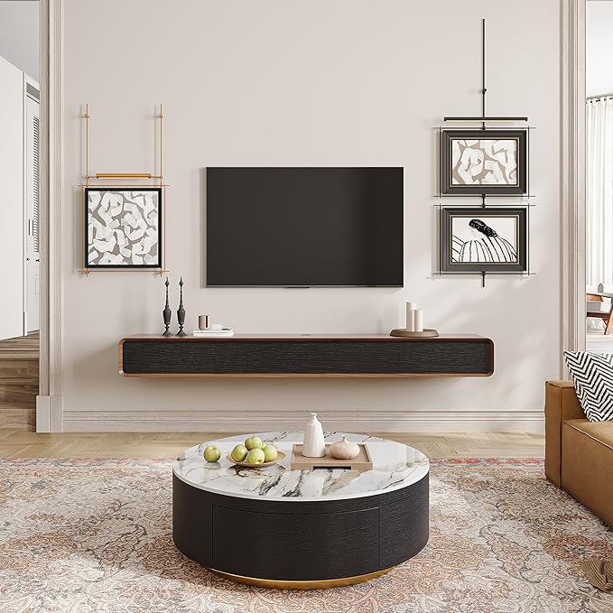 POVISON Fully-Assembled Minimalist Floating TV Stand, Modern Wall-Mounted Entertainment Center with 4 Flip-Down Cabinet Doors, Solid Wood Media Console, Walnut Veneer, 94"