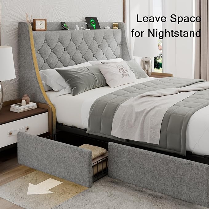 Queen Bed Frame with 4 Storage Drawers, Upholstered Bed Frame with Large Wingback Headboard, Charging Station, No Box Spring Needed, Light Grey
