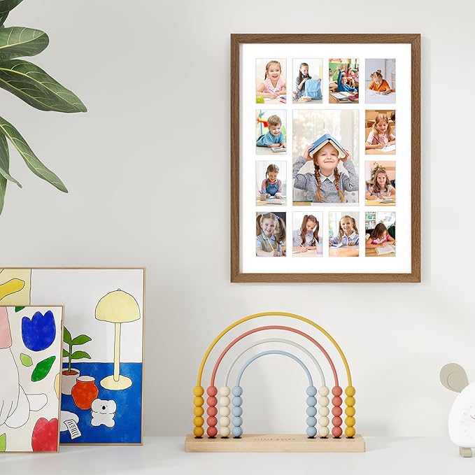 Axeman 12x16 School Years Picture Frame K-12 Day Graduation Photo Collage Solid Oak Picture Frame With Mat - Displays One 5x7 Photo and Twelve 2.5x3.5 Pictures, Hanging Hardware Included, Walnut