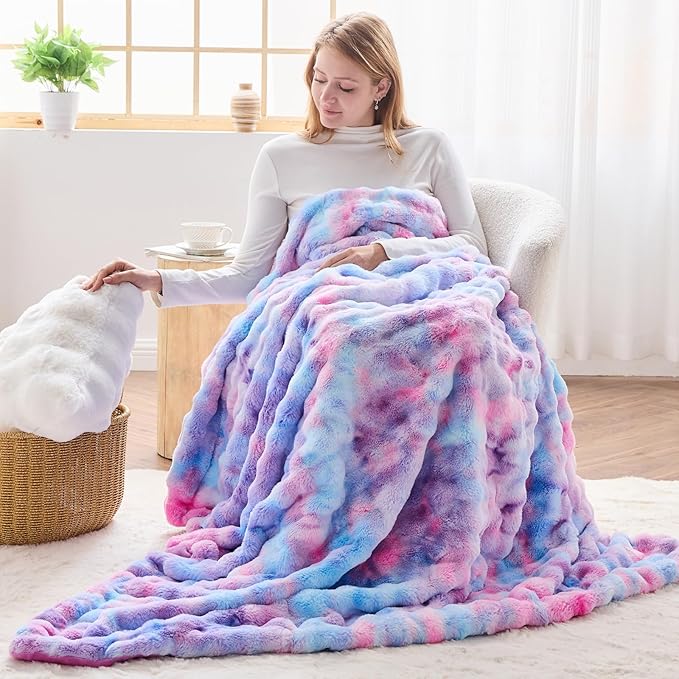 NEWCOSPLAY Faux Fur Twin Blanket Purple Rainbow Luxury Fluffy Thick Warm Bubble Blanket for Couch Sofa Bed 700GSM (Purple Rainbow, Twin(60"x80"))