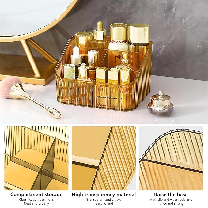 DASITON Large Capacity Makeup Brush Holder,5 Slot Makeup Brush Cup,Vintage striped Make Up Brush Holder,for Vanity Decor,Bathroom Countertops,Desk Storage Container,Cosmetic Display cases(Amber-L)