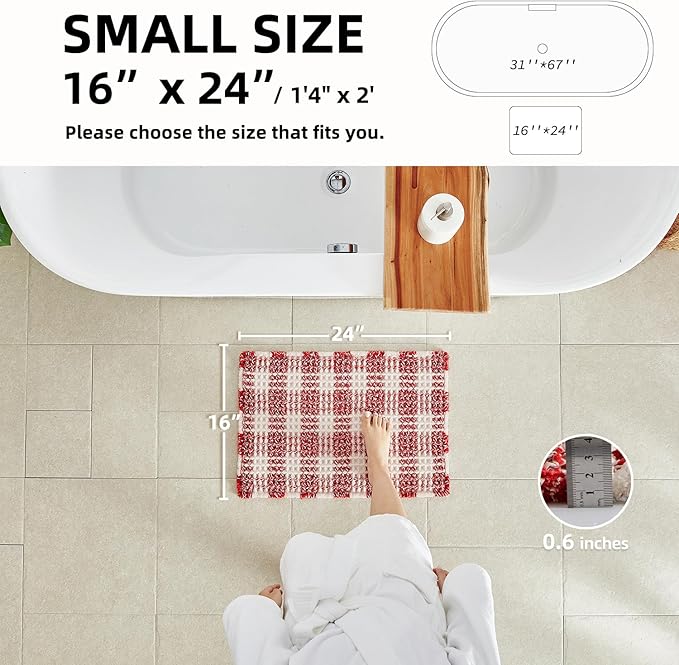 Waffle Bath Mat, Boho Bathroom Rugs Non Slip Washable Absorbent Checkered Bathroom Mat Quick Dry Cute Bath Mat, 24"x16" Red and White