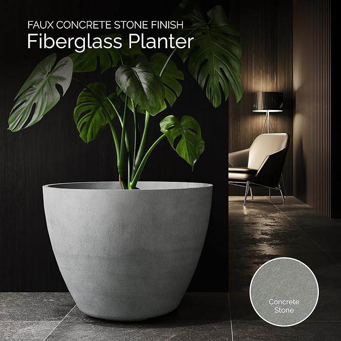Lupo Tapered Planter – Concrete Stone Finish – Fiberglass Indoor/Outdoor and Weather-Resistant Large Planter (32.3" D x 24.6" H Exterior, 30.7" D x 24" H Interior)