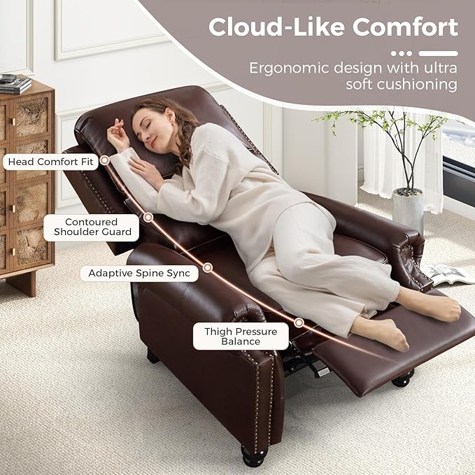 ANJ Push Back Recliner Chair, Textured Leather Overstuffed Wingback Recliner, Adjustable Pushback Chair with Padded Seat and Back, Single Reclining Sofa for Living Room, Bedroom(Dark Brown)