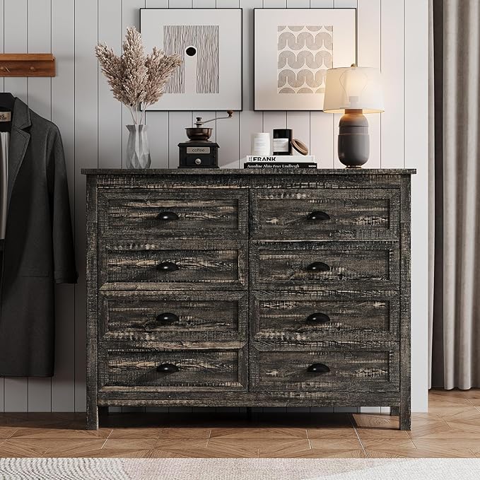 Rustic 8 Drawer Dresser for Bedroom, Modern Farmhouse Wood Dresser with Vintage Black Antique Handle, Double Chest of Drawers for Hallway, Antique Black