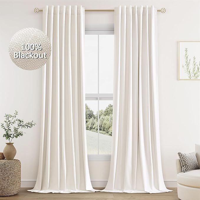 Guken Ivory Linen Blackout Curtains 84 Inch Length 2 Panels Set for Living Room Bedroom Back Tab Thermal Insulated 100% Black Out Linen Drapes Room Darkening Window Curtains 84 Inches Long