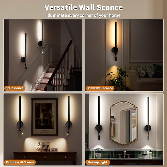 Rechargeable Wall Sconce with Reading Spotlight: Battery Operated Wireless LED Wall Light with Remote Indoor Modern Decor for Living Room Bedroom Stairwell Lighting Black