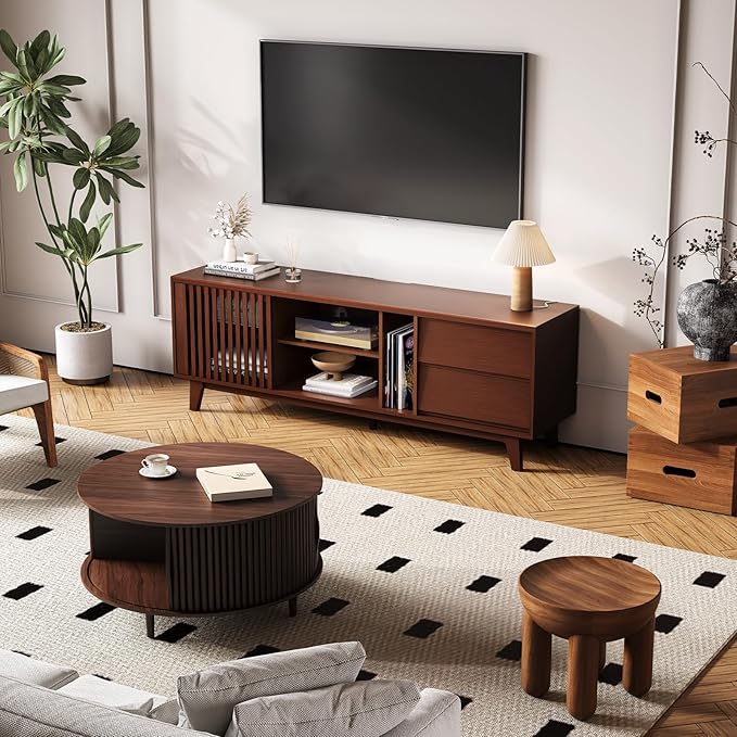 JOINCE,66" TV Stand for 60/65/75 inch tv, Mid Century Modern Entertainment Center/TV Stand and Media Console Table with Drawer and Shelf, Slatted Door TV Console for Living Room, Bedroom, Walnut