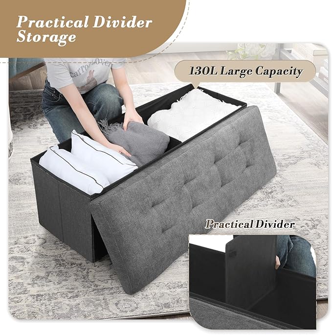 Athena Collection Ottoman Bench with Storage, 43 Inches Large End of Bed Storage Ottoman Bench, 130L Load 220 Lbs Linen Foot Rest for Bedroom, Living Room, Entyway, Dark Gray