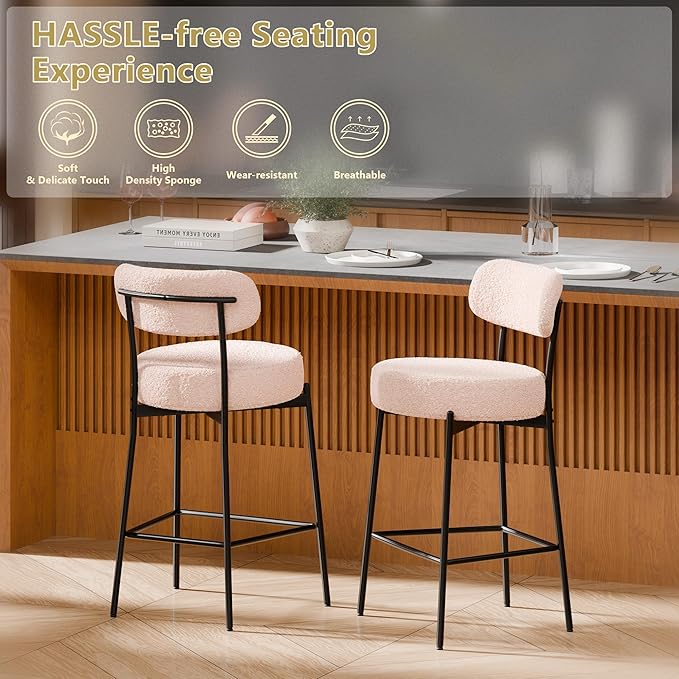 DYHOME Bar Stools Set of 4, 24 Inches Modern Counter Height Bar Stools with Curved Back Metal Legs, Beige Upholstered Boucle Barstools for Kitchen Island, Cafe