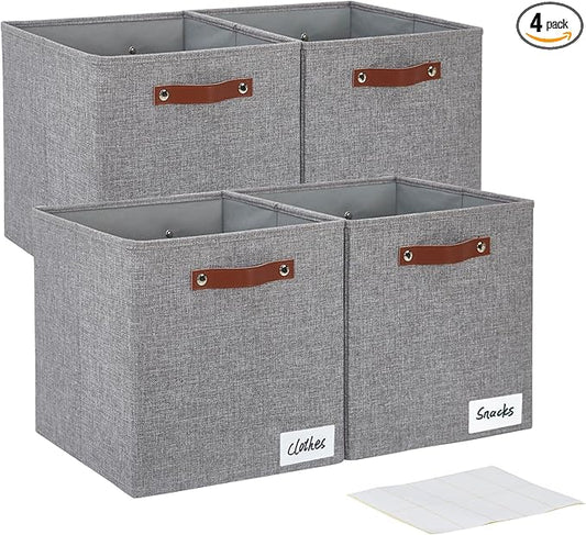 Collapsible Fabric Storage Cube Bins with 2 Reinforced PU Handles, Foldable Storage Organizer Baskets for Closet, Shelves, Living Room | 13"x13"x13", 4 Pack, Full Gray