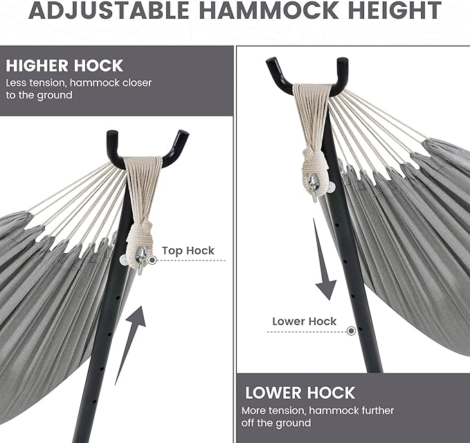 Lazy Daze Hammocks Double Hammock with 9ft Space-Saving Steel Stand Includes Portable Carrying Case, 450 Pounds Capacity (Light Gray)