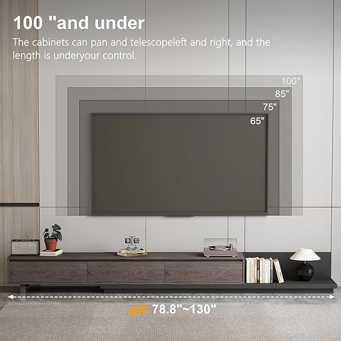 78.7–130" Extendable TV Stand with 3 Drawers - Mid-Century Modern Adjustable Entertainment Center, Perfect for Living Room, Black Walnut