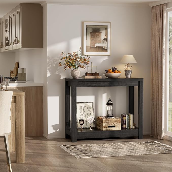 Small Farmhouse Wood Entryway Table Narrow Console Table with Storage Behind Couch Sofa Table with Shelves Entry Way Table with Open Storage, Easy Assembly, 32" Embossed Wood Grain Black