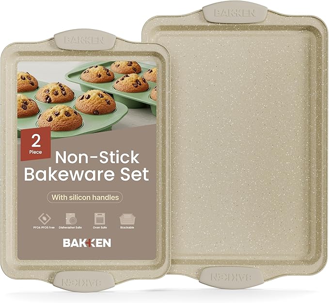 BAKKEN Kitchen Baking Pans - Medium (15.15 × 10.03") and Large (17.1 x 11.8") Nonstick Sheets, Carbon Steel Cookie Sheets with White Silicone Handle, PFOA, PFOS, PTFE Free, Oven Safe (450°F), Set of 2