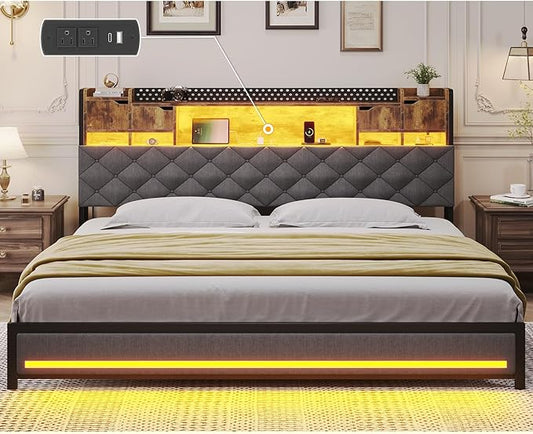 King Size Bed Frame with Upholstered Storage Headboard, King Bed Frame with Smart LED Lights, Camas King Bed with Charging Station,Noise-Free, Metal Support, No Box Spring Needed, Gray
