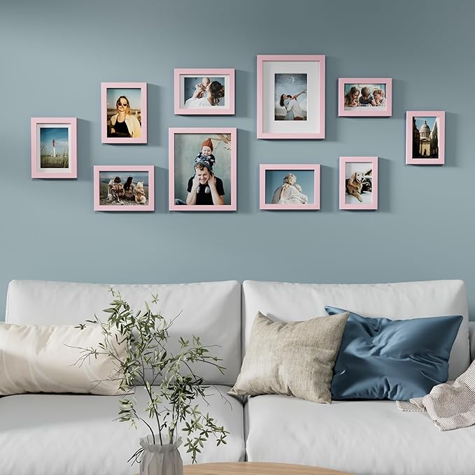 Vittanly 10 Pack Picture Frames Collage Wall Decor, Gallery Frame Set for Wall Mounting or Tabletop Display, Multi Sizes Including 2pcs 8x10, 4pcs 5x7, 4pcs 4x6, Pink