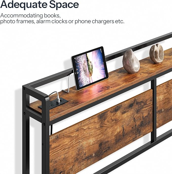 HOOBRO Headboard Full Size, Headboard with 2 Outlets and 4 USB Ports, Adjustable Height, Storage Rack, Sturdy and Stable, Easy Assembly, Rustic Brown and Black