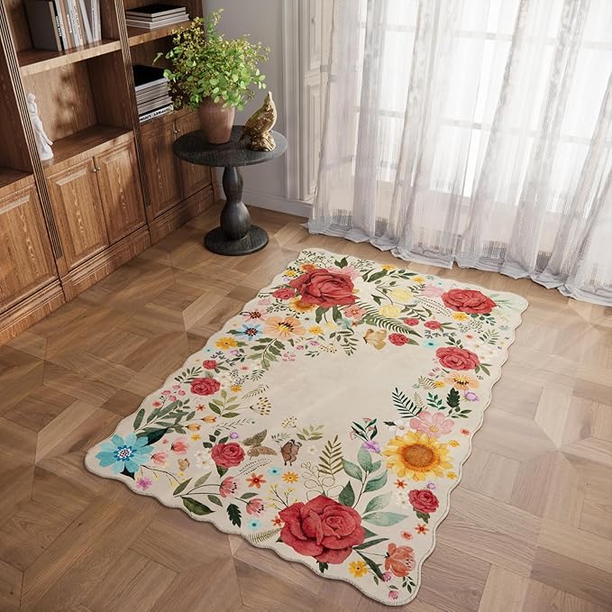 Washable Floral Rugs, 4'x6‘ Beige Area Rugs for Living Room Dining Room, Non Slip Lightweight Low-Pile Stain Resistant Boho Vintage Throw Carpet for ‎Office Entryway