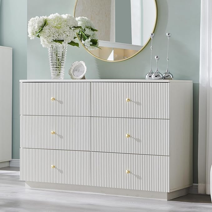 Fluted Dresser for Bedroom, 47" White 6 Drawer Dressers, Wood Tall Dresser Storage Organizer, Modern Chest of Drawers with Deep Storage for Closet Hallway, Entryway, Living Room, White