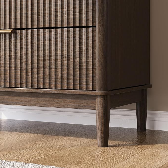 LINSY 5 Drawer Tall Dresser for Bedroom, Modern Fluted Wood Chest of Drawers with Gold Metal Handles, Wide Storage Dresser TV Stand for Bedroom, Living Room, Entryway, Walnut