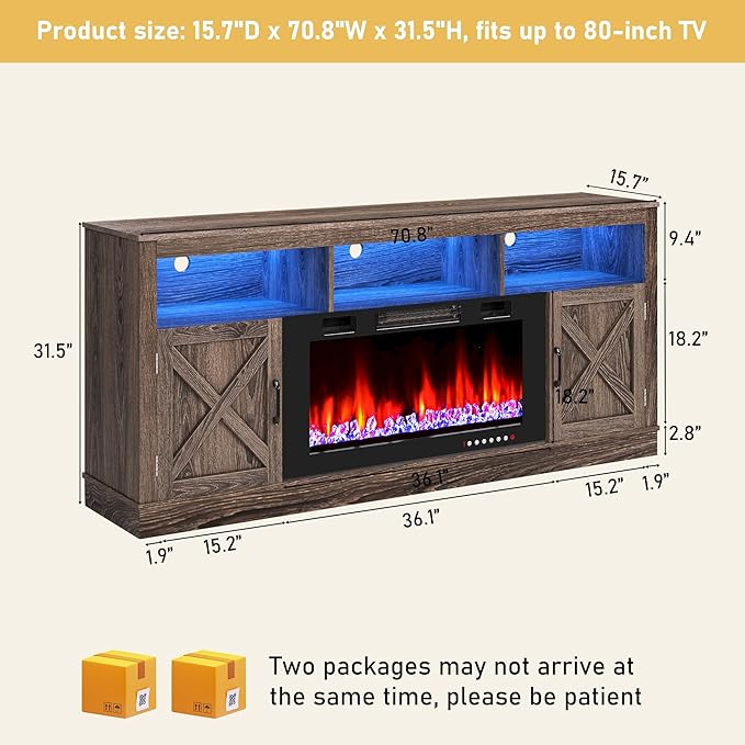 Farmhouse TV Stand with 36" Fireplace for 80" TV, 70" Entertainment Center with Barn Doors and LED Light, Tall Fireplace TV Stands for Living Room, Grey