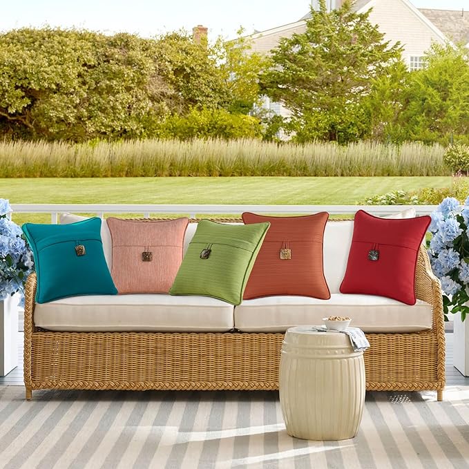 Outdoor Decorative Pillows with Coconut Button Pack of 4, 16" x 16" Outdoor Pillow Set for Couch Bed Throw Patio Sofa, Coral Red