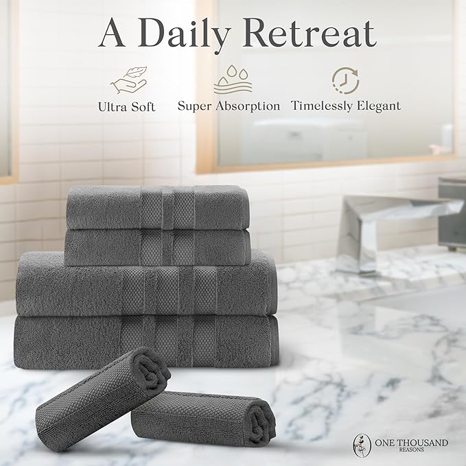 Zero Twist Bathroom Towel Set - Luxury Bath Towel Sets for Bathroom, Hands, and Washcloths - Quick Dry and Absorbent - 6 Pieces, 3 Stripe, Charcoal