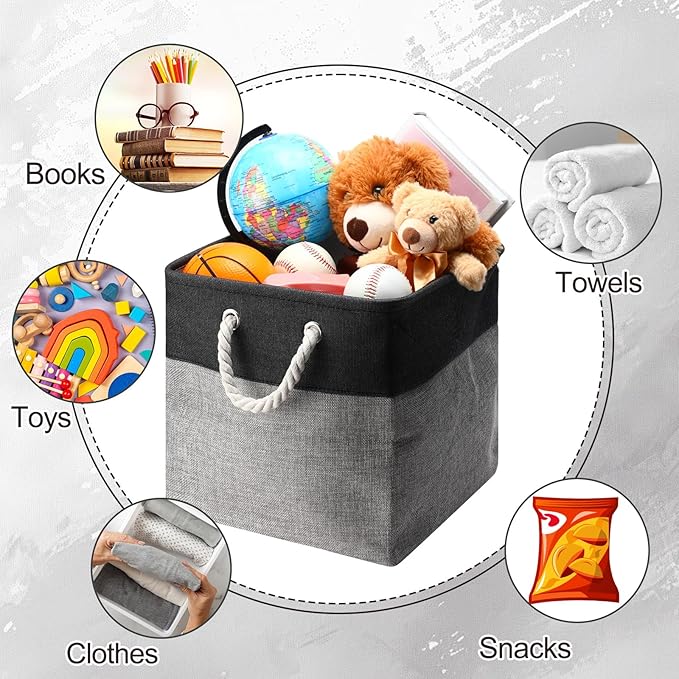 meekoo 8 Pack Collapsible Storage Bins Fabric Storage Bins Polyester Fabric Baskets with Handles Linen Closet Organizer for Shelf Home Closet Towels Toys(12 x 12 x 12in,Black Gray)
