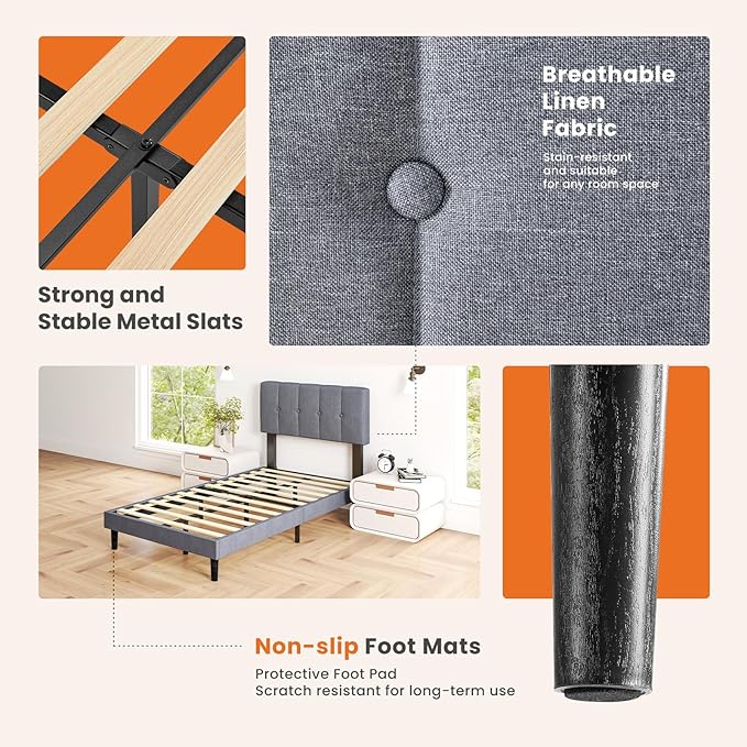 Sweetcrispy Twin Size Bed Frame - Fabric Upholstered Platform Bed with Headboard, 530LBS Sturdy Wooden Slats Support, No Box Spring Needed, Noise Free, Easy Assembly, Grey