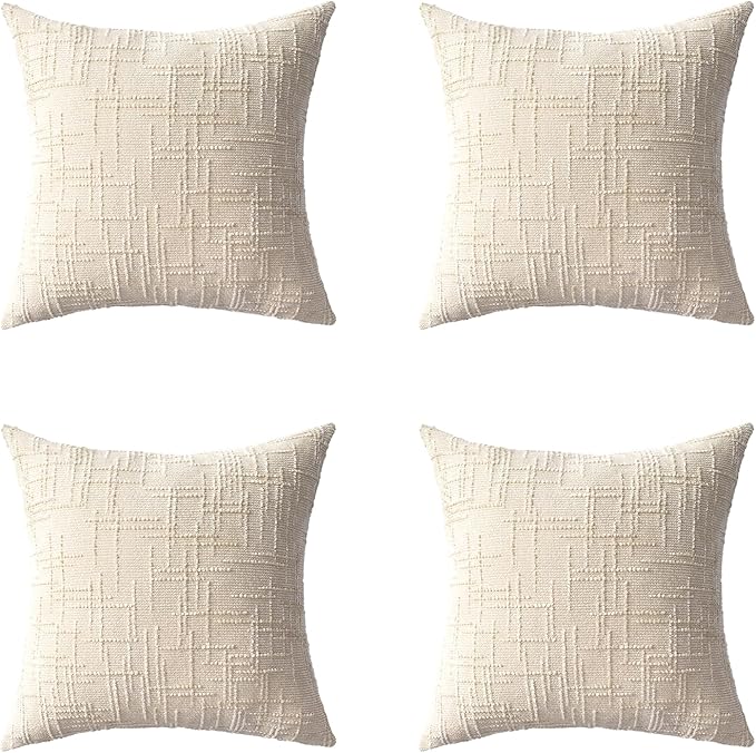 Decorative Throw Pillow Covers 18x18 Inch Set of 4, Soft Solid Farmhouse Chenille Couch Pillows, Spring Pillow Covers for Couch Sofa Bed Living Room Home Decor Pillowcase, Cream White