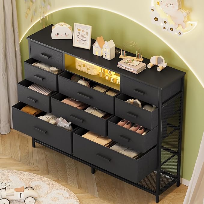 Black Dresser for Bedroom with 10 Drawers, Chest of Drawers with Charging Station, TV Stand Storage with LED Light for 55" TV, Fabric Drawers with PU Finish, Dresser with Shelves for Closet