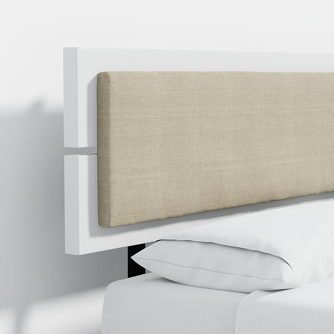 Modern Solid Wood Platform Bed with Adjustable Headboard with Cushion – No Box Spring Needed,Fast Assembly – King Size in White