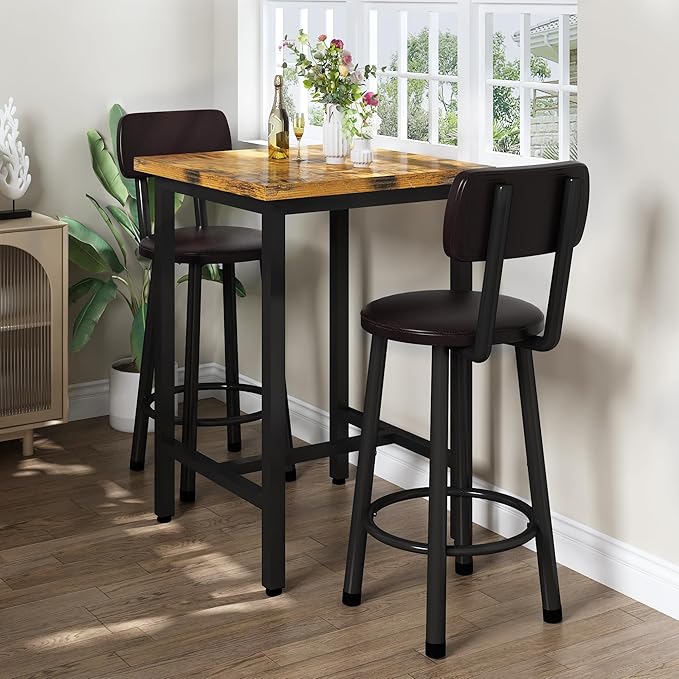Recaceik 3 Piece Pub Dining Set, Modern bar Table and Stools for 2 Kitchen Counter Height Wood Top Bistro Easy Assemble for Breakfast Nook Living Room Small Space Restaurant, Rustic Brown 24”