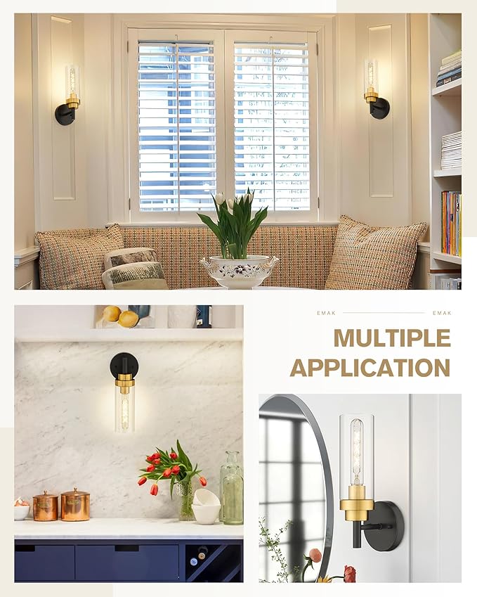 Emak Black and Gold Sconces Wall Lighting, Modern Vanity Lights with Clear Glass Shade, Wall Sconce for Bathroom, Bedroom, Living Room, Hallway, WS085-BKBGD