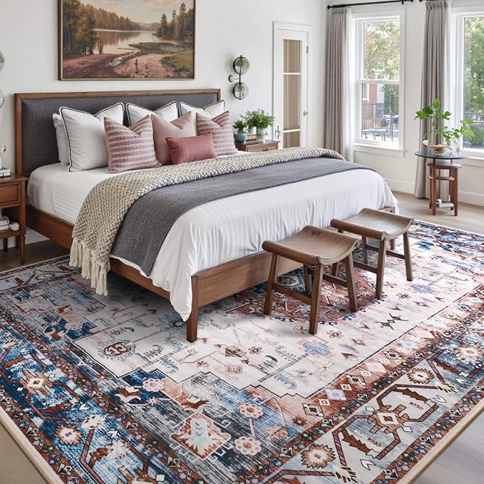 Large Washable 6x9 Area Rug, Red Vintage Floral Rugs for Living Room, Non Slip Low Pile Carpet for Bedroom Dining Room, Thin Indoor Carpet for Office Classroom