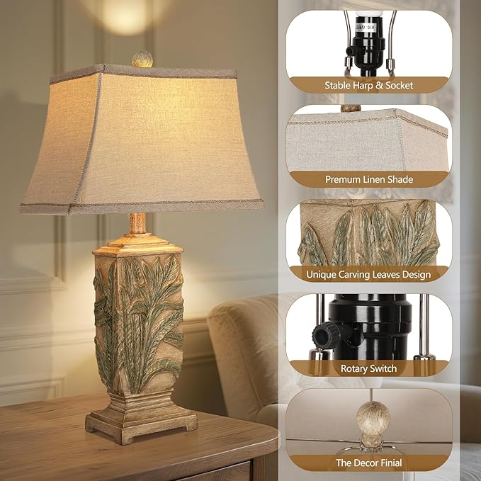 WIHTU 25" Vintage Table Lamps, 3 Color Temperature Palace Retro Beside Lamp Set of 2, Resin Desk Lamp for Livingroom Bedroom Nightstands, Rotary Switch, Carved Leaf(2 Bulbs Included)