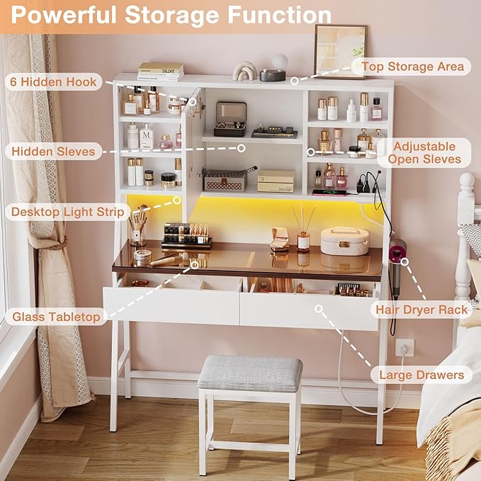 Vanity Desk with Mirror and Lights, 47inch Makeup Table with 3 Color Modes, Large Vanity Desk with Power Outlet, Light Strip, 2 Drawers, 8 Shelves, Cushioned Stool for Bedroom, White