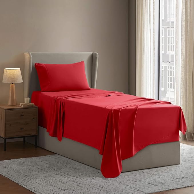 Nestl Twin Sheet Set - 1800 Ultra-Soft Microfiber Twin Bed Sheets - Double Brushed - Deep Pockets - Easy Fit - Extra Soft - 3 Piece Set - Bedding Sheets & Pillowcases (Twin, Red)