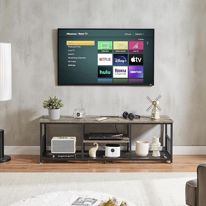 VECELO TV Stand with Power Outlets for Televisions up to 65Inch, 55" Media Entertainment Center with Charging Station 3-Tier Open Storage Shelves with Metal Frame for Living Room/Bedroom，Grey