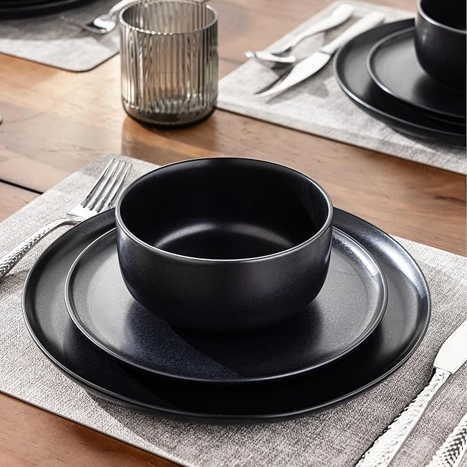 LERATIO Stoneware Dinnerware Sets for 4,Handcarft Ceramic Plates and Bowls Sets,Chip and Scratch Resistant Dishes, Dishwasher & Microwave Safe, Oven safe,Reactive Glaz-Black