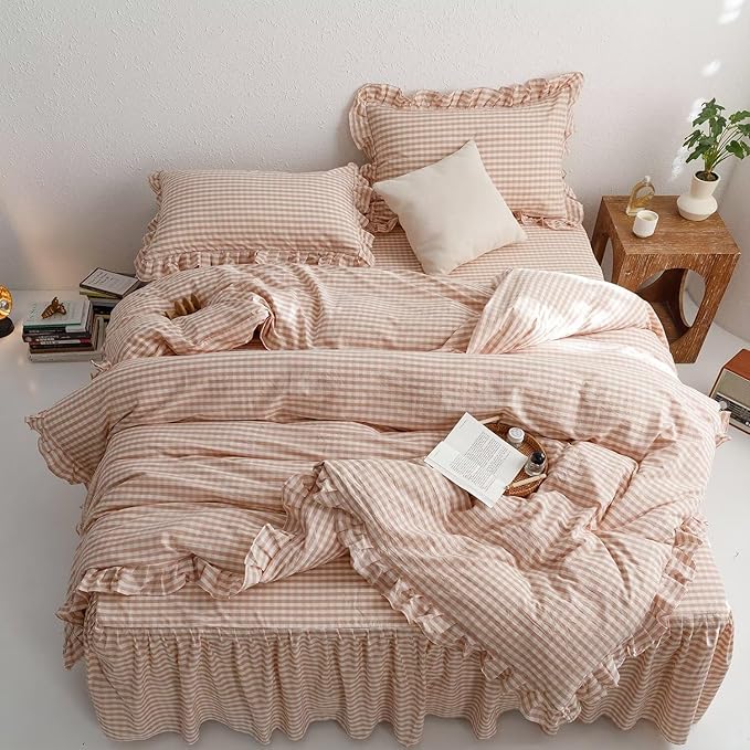 mixinni Vintage Pink Gingham Ruffle Comforter Set 3-Piece Washed Cotton King Size Grid Bedding Set with Geometric Checkered Pattern, Farmhouse Chic Soft Fluffy Comforter for All-Season