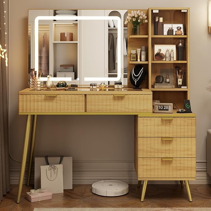 Vanity Desk with Mirror and Lights, Fluted Makeup Vanity with Glass top, 48" Big Modern Vanity with 5 Drawers & Glass Cabinet, Wood Vanity with 3 Lighting Modes for Bedroom, Natural